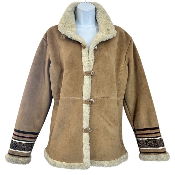 Vintage 90s Y2K Faux Suede Sherpa Lined Jacket Sz M Tan Coat Boho Phoebe Buffay - Picture 1 of 12